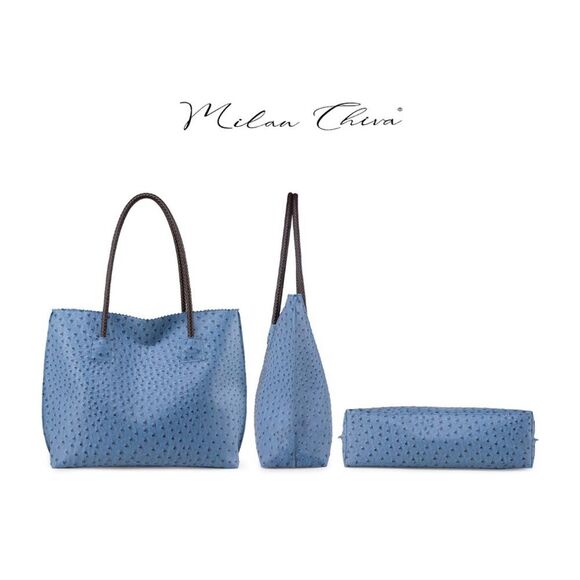 Milan Chiva Tote Bag Large Ostrich Shoulder Handbags Top Handle Zipper Blue - Picture 2 of 15